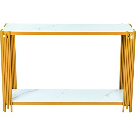 Table console à 2 plateaux effet marbre blanc avec structure métal doré brillante H80 x L123,5 x P33,5 cm (1/5)