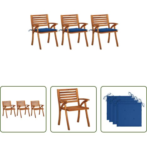 Chaise en bois d'acacia - Chaises à manger de jardin avec coussins lot de 3 Acacia massif (1/5)