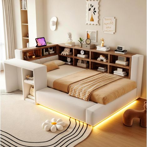 Etagenbett 90 x 200 cm in Beige mit Stauraum, LED und Steckdosen (1/5)