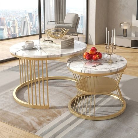 Table basse ronde avec plateau en aspect marbre, ensemble de tables basses emboîtables de 2, mobilier d'appoint avec cadre en métal, table d'appoint pour salon, chambre à coucher, balcon (1/5)