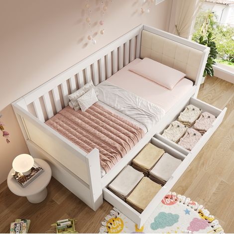 FLORAGRACE Lit banquette 90x190 cm en bois blanc avec 2 tiroirs, cadre contreplaqué, dossier 3 côtés, accoudoirs arrondis, sans matelas (1/5)
