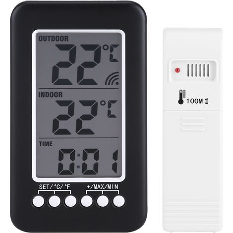 Digitales LCD-Thermometer für Innen und Außen mit Uhr, Temperaturanzeige und drahtlosem Sender (1/5)