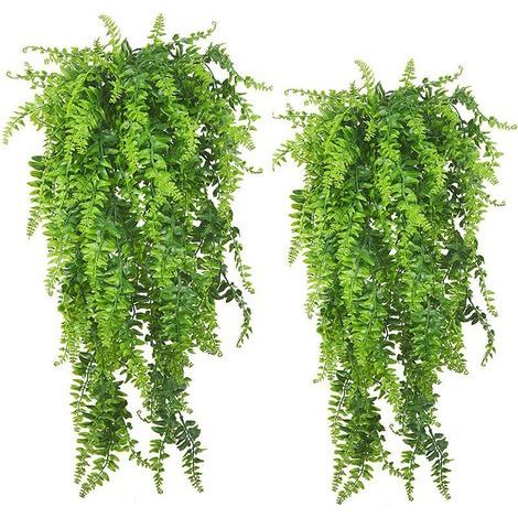 Plantas trepadoras artificiales colgantes, hojas de helecho artificiales, vegetación colgante de plástico para decoración de paredes de jardín, 2 unidades, verde, 90 cm (1/4)