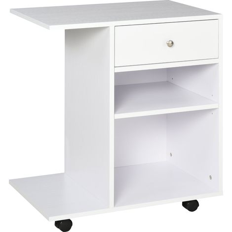 Mobiletto per Stampante con 4 Ruote Mensola Regolabile e Piano per CPU  in Legno Bianco