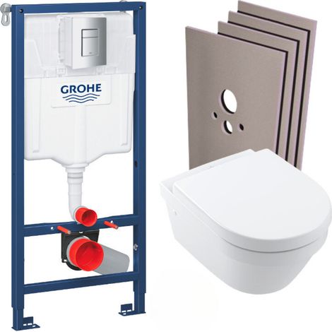 Grohe WC-Pack Rapid SL Vorwandelement + Villeroy&Boch Wand-WC ohne Spülrand + Betätigungsplatte + Verkleidungsset