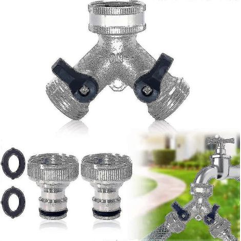 Répartiteur de robinet de jardin, répartiteur de tuyau à 2 voies, robinet double en laiton avec 2 raccords de tuyau de 3/4 pouce pour l'irrigation de jardin (1/5)