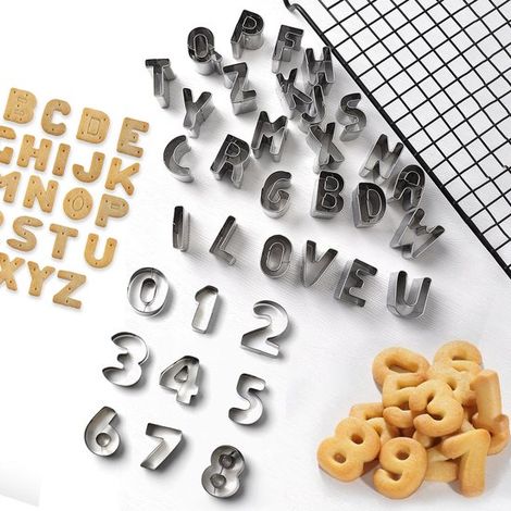 Set di 36 stampini per biscotti in acciaio inossidabile a forma di lettere e numeri - Stampini per biscotti con l'alfabeto per decorazioni di compleanno, Pasqua e torte. (1/5)