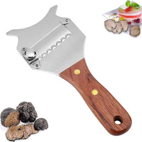 Cortador de trufas, raspador de trufas, cortador de queso y trufa ajustable con mango de madera para verduras, ajo y champiñones (hoja ondulada)