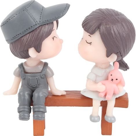 2 figurines résine + 1 banc décoratif, poupées cartoon pour jardin miniature, terrarium, décoration intérieure et cadeau (1/5)
