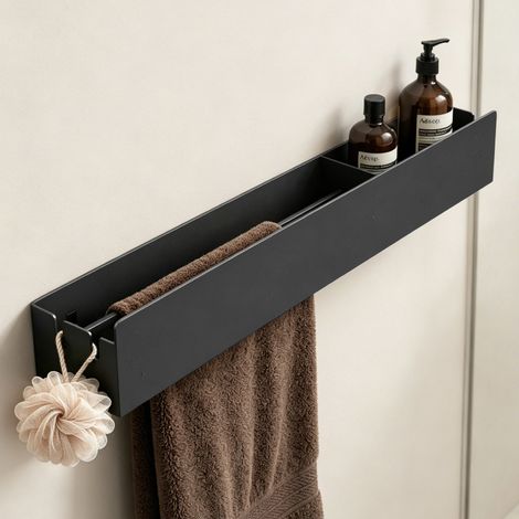 Mai & Mai Mensola da Parete con Portasciugamani, Mensola Doccia in Metallo Rimovibile, Mensola da Appendere per Bagno, Cucina, Ingresso e Camera da Letto, 60cm, Nero, Reglo-18 (1/5)
