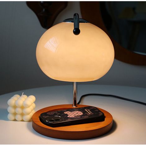 Lampe de table rétro en bois massif avec plateau de rangement en verre gris fumé, lampe à bougie d'aromathérapie, lampe de chevet, lampe à cire fondue beige pour bureau, variateur d'intensité (1/5)