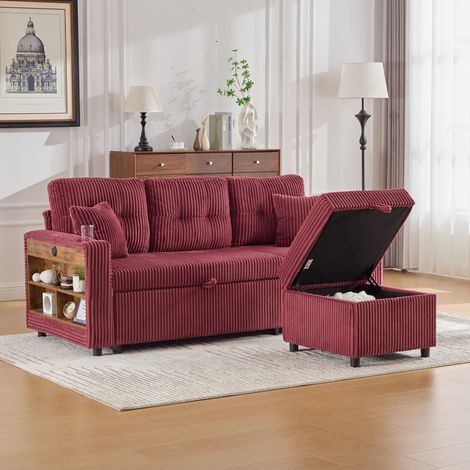 Canapé convertible, Canapé droit avec rangements ouverts et dissimulés, port USB-C, 2 porte-gobelets, velours côtelé, Rouge (1/5)