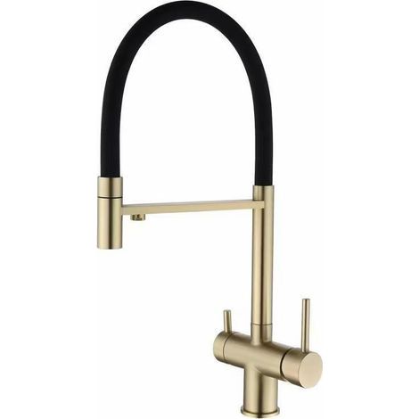 Robinet de cuisine en laiton avec filtre à eau, robinet de filtration pour eau potable à double bec, rotation à 360 degrés, robinet de lavage propre (or brossé) (1/5)