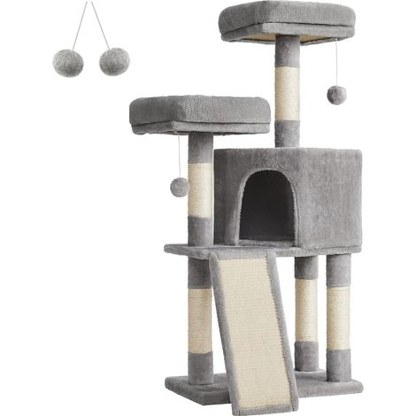 Tiragraffi per gatti a torre con cuccia e amaca grigio chiaro (1/5)