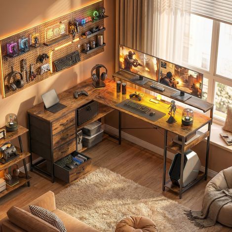 Bureau gaming en L, avec prise électrique, éclairage LED, 4 tiroirs, support pour écran, 155 x 110 x 91,4 cm, marron (1/5)