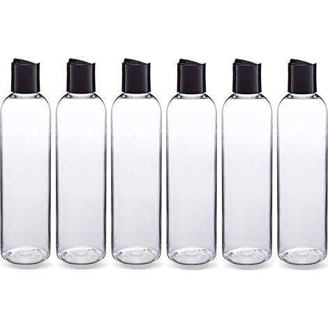 Lot de 6 flacons, PET transparent, bouchon disque noir, 240 ml, pour shampoing, lotion, crème, usage domestique (1/5)