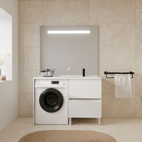 Cuisibane – Meuble lave-mains avec miroir LED Élégance – Largeur 124 cm – Vasque déportée à droite – 2 tiroirs de rangement – Installation murale - h105- (1/5)