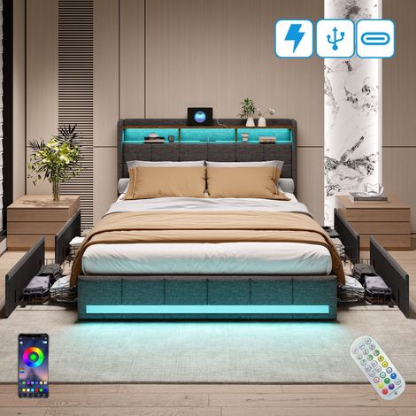 Letto matrimoniale 140x190 cm, 2 posti, con 4 cassetti di stivaggio, illuminazione LED, mensole, USB-A/C, rete a doghe in legno, telaio in metallo, letto trapuntato in lino - Grigio