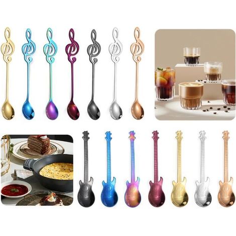 14 Pièces Cuillère à café en forme en forme de guitare et en forme de note,cuillère à café en acier inoxydable,cadeau de musicien (1/4)