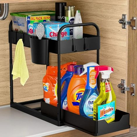Étagère de rangement à 2 niveaux sous évier, tiroir de rangement lisse pour sous évier, étagère sous évier pour cuisine et salle de bain, noir (1/5)