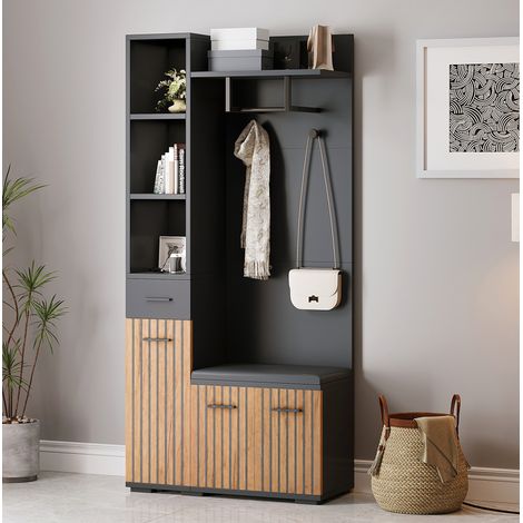 MODFU – Vestidor de recibidor 80x35x175 cm de paneles con banco, 2 armarios, cajón, 5 nichos, carga 80 kg y 2 paquetes – Negro y madera natural (1/5)