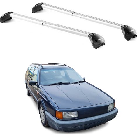 OMAC Barres de toit transversales certifiées TÜV pour VW Passat B2-B3-B4 Break 1980-1997 – Verrouillables (4 antivols) – Charge max 100 kg – Sangle inox + protection caoutchouc Argent (1/4)