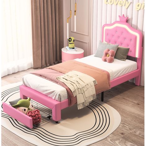 Letto singolo 90x200 cm, con testiera illuminata a LED, testiera con bottoni a corona e due cassetti, tessuto in similpelle, rete a doghe, adatto per adulti, ragazzi e bambini - Rose