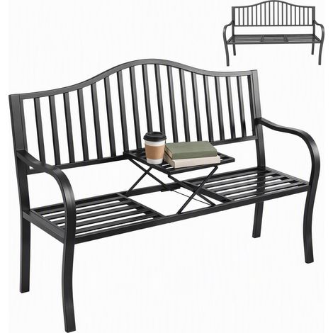 Bench with Table, Metal 2-Seater, 160 x 53 x 95 cm, Black (1/5)