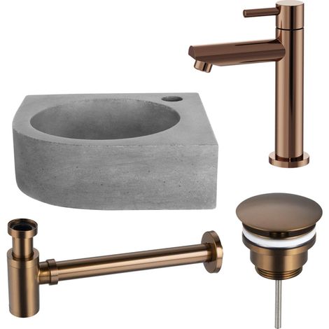 Fortifura Fuente Pack Lave-mains d'angle- 31.5x31.5x10cm - 1 trou de robinet - robinet cuivre - Béton (1/2)