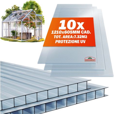 GARDEBRUK® Lastre alveolari adattabili 121x60,5cm Policarbonato resistenti ai raggi UV trasparenti Lastre a doppia parete Pannelli per serre 10er Set 6mm (de) (1/9)