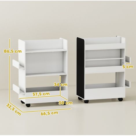 Librería infantil con 4 estantes, caja de almacenamiento, pizarra y ruedas, blanco OKMYHOME (1/5)