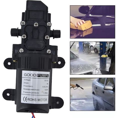 Pompe à eau 12V haute pression 1.0Mpa pour camping-car et jardin, débit 5.5L/min, compacte et intelligente.