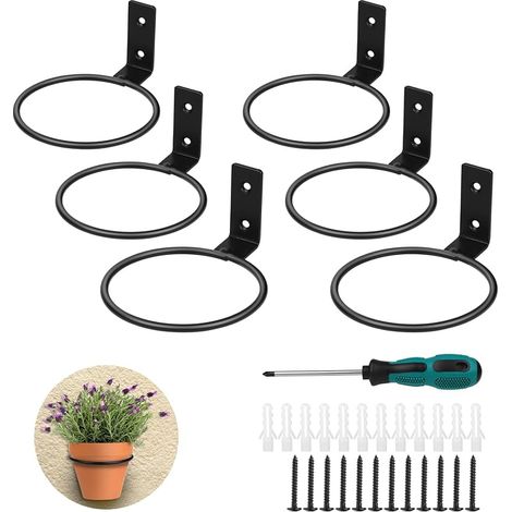 6 x Porte Plante Mural Interieur Exterieur Noir, Support Mural pour Pots 4 Pouces (Ø10cm), Porte-Pots Anneau en Métal avec Vis et Tournevis (1/5)