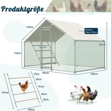 Avec échelle : poulailler 3x2m avec verrouillage de sécurité,housse UV étanche et tubes renforcés de 1mm. Idéal pour les poulets,pigeons,canards.