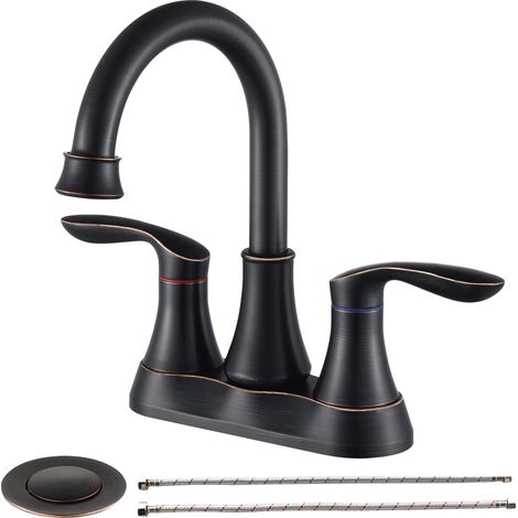 Robinet de lavabo de salle de bain à entraxe de 10 cm (4 pouces), 2 poignées pivotantes à 360°, finition bronze huilé avec bonde escamotable (1/5)