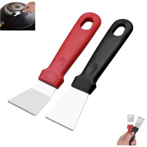 Lot de 2 grattoirs pour plaques de cuisson (vitrocéramique, halogène, induction), en verre, rouges et noirs, de 13 cm de longueur. Lame en acier inoxydable. (1/5)