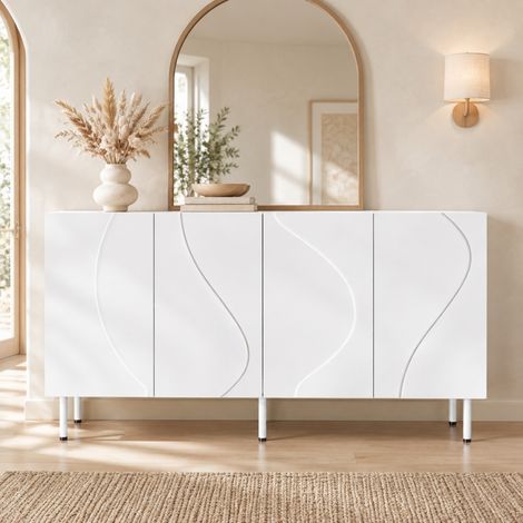 Aparador 140 x 40 x 77,5 cm con 4 puertas, apertura push-to-open, blanco OKMYHOME (1/5)