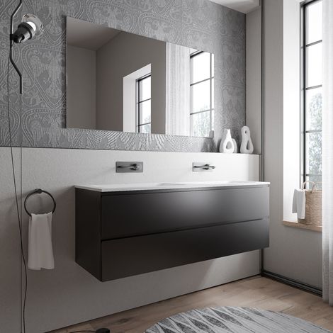 Unterschrank Bernstein AVA 140 cm mit Mineralguss Waschbecken BRUXELLES - Badmöbelfarbe Schwarz matt, Waschbecken Weiß matt ohne Hahnloch