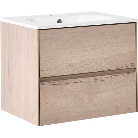 Mueble de baño suspendido con lavabo frente de MDF 2 cajones 60 x 46 cm marrón claro Vita (1/5)