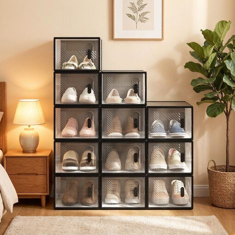 Scatola porta scarpe impilabile, set da 12, plastica trasparente e nera HAVRYA (1/5)