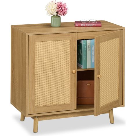 Relaxdays Sideboard, 2 Fächer, Rattan- & Holzoptik, HxBxT: 75 x 80 x 40 cm, Wohnzimmer, Küche, Beistellschrank, natur