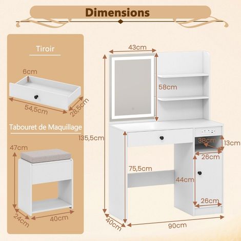 Coiffeuse avec miroir et lumières, table de maquillage avec tabouret de rangement rembourré et prises électriques, 3 modes d'éclairage - blanc (1/5)