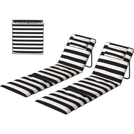 Lot de 2 tapis de plage pliables avec dossier réglable et appui-tête rembourré, 150 x 50 x 2 cm, gris et blanc (1/5)