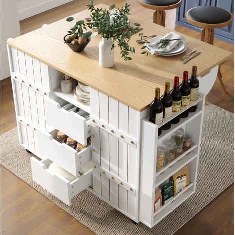Îlot de cuisine 110x42x90 cm blanc en MDF avec plateau rabattable et rangement multifonction (1/5)