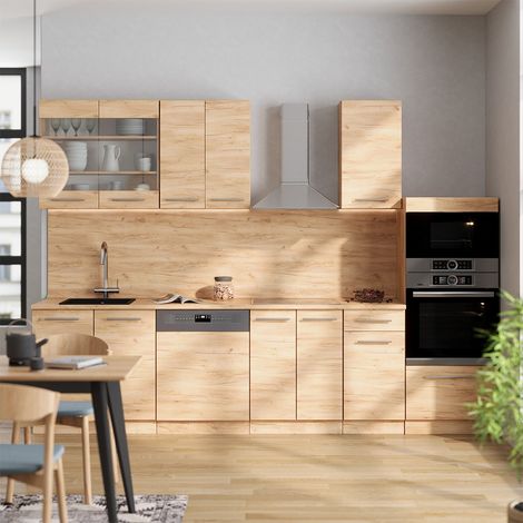 Cuisine Fame-Line, Chêne de force doré, 300cm avec armoire haute, sans PT, Vicco