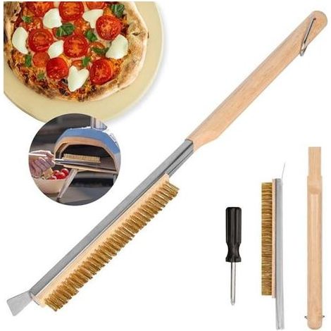 52cm Brosse pour Four à Pizza, avec Grattoir à Pierre en Acier Inoxydable – Poils en Laiton – PoignéE en Bois – Anneau De Suspension, Qualité Alimentaire Pizza Accessoire pour Four ExtéRieur/Portable (1/5)