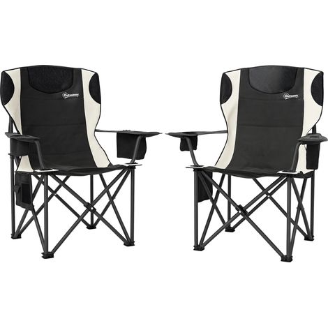 Ensemble de 2 chaises pliantes de camping avec accoudoirs, porte-gobelet, appui-tête et sac isotherme, noires.
