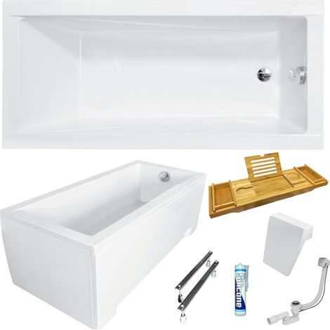 ECOLAM Baignoire rectangle Modern 180x80 cm + tablier  Appui-tête - Etagère Bambou  pieds siphon et silicone  ensemble complet. (1/5)