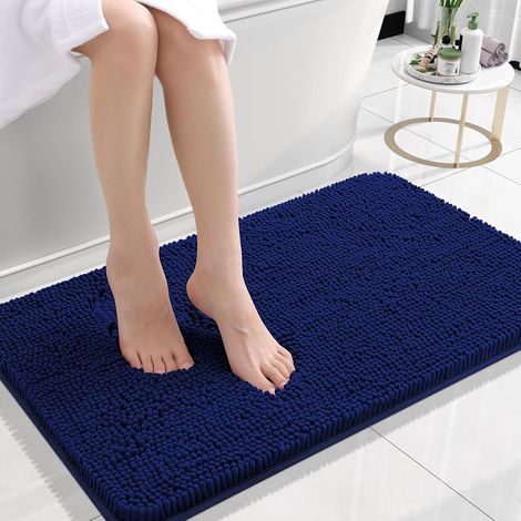 Tapis de bain - 50 x 80 cm - Chenille bleu marine, tapis de bain antidérapant et maritime grand format, lavable et absorbant, tapis de douche à séchage rapide pour salle de bain maritime (1/5)