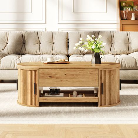 Table basse avec fonction relevable, table de salon avec espace de rangement caché, table basse moderne avec structure rainurée, portes latérales coulissantes et espace de rangement pratique, naturel (1/5)